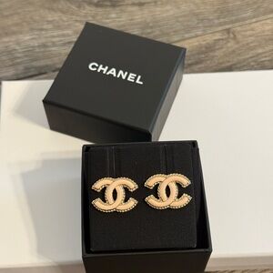 CHANEL Pink Enamel Gold Tone CC Logo Stud Earrings